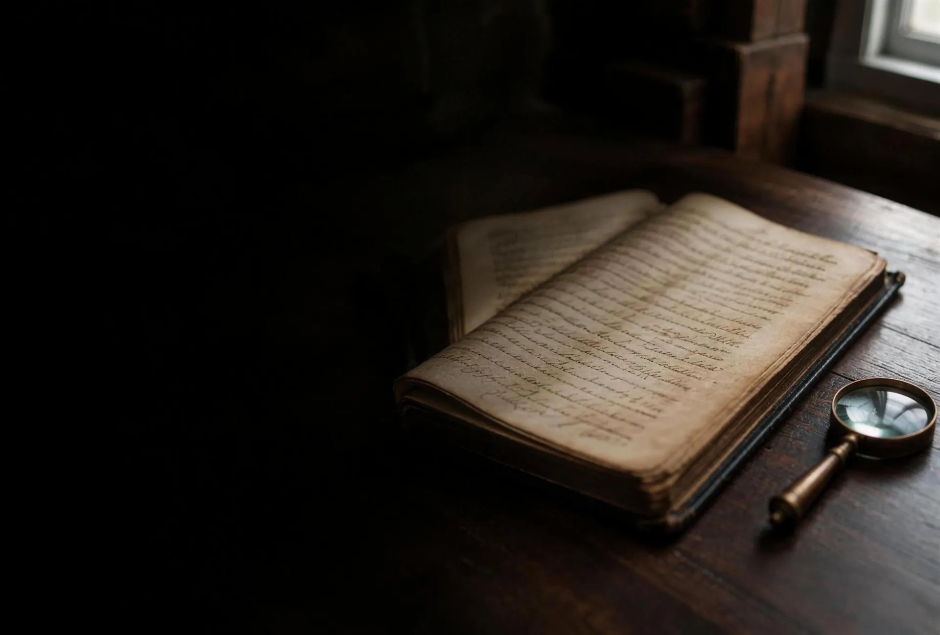 Libro antiguo de partidas manuscritas abierto sobre una mesa de archivo, junto a una lupa de latón