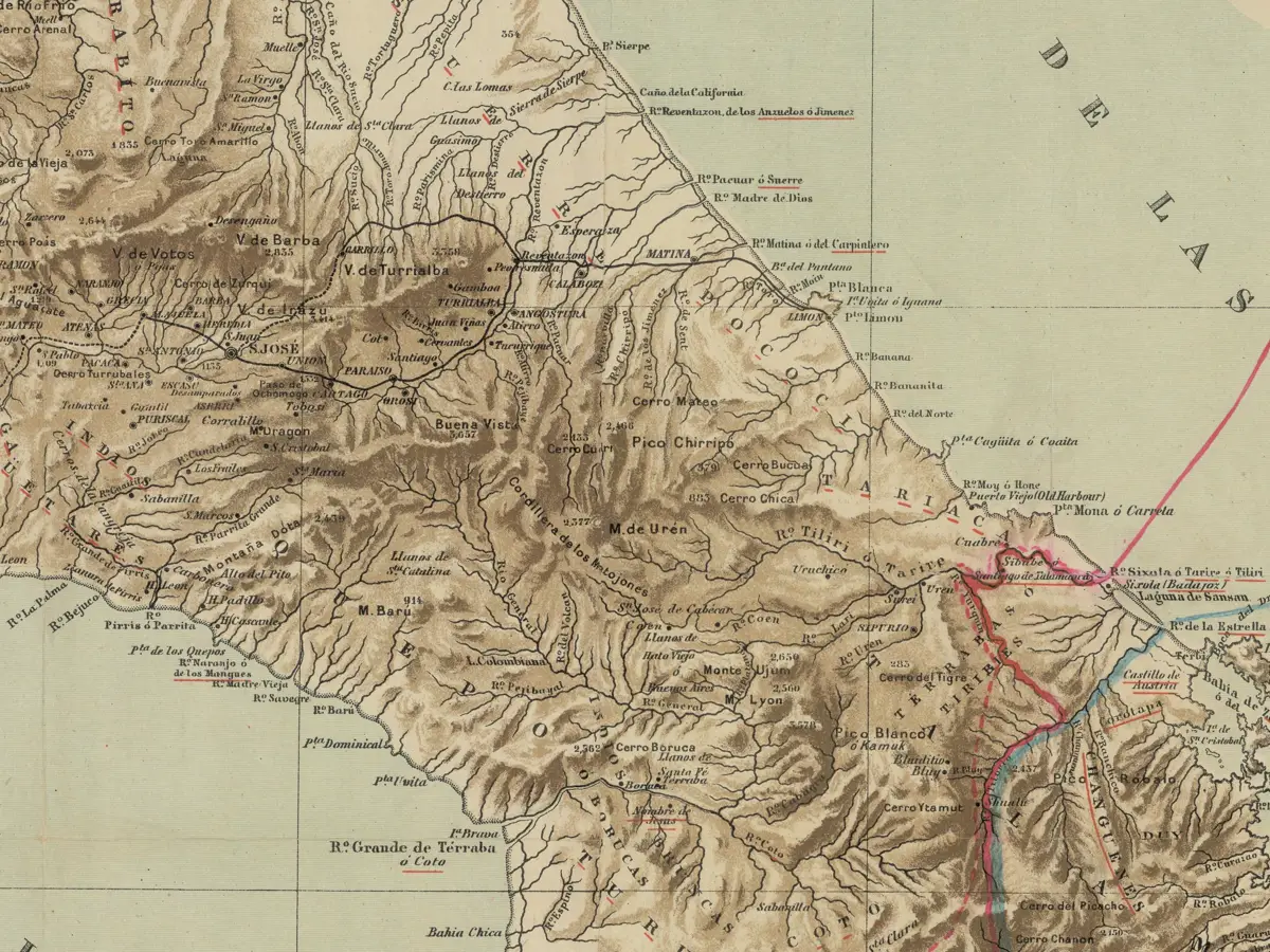 Detalle del mapa histórico-geográfico de Costa Rica de Manuel M. de Peralta, con el relieve del Valle Central