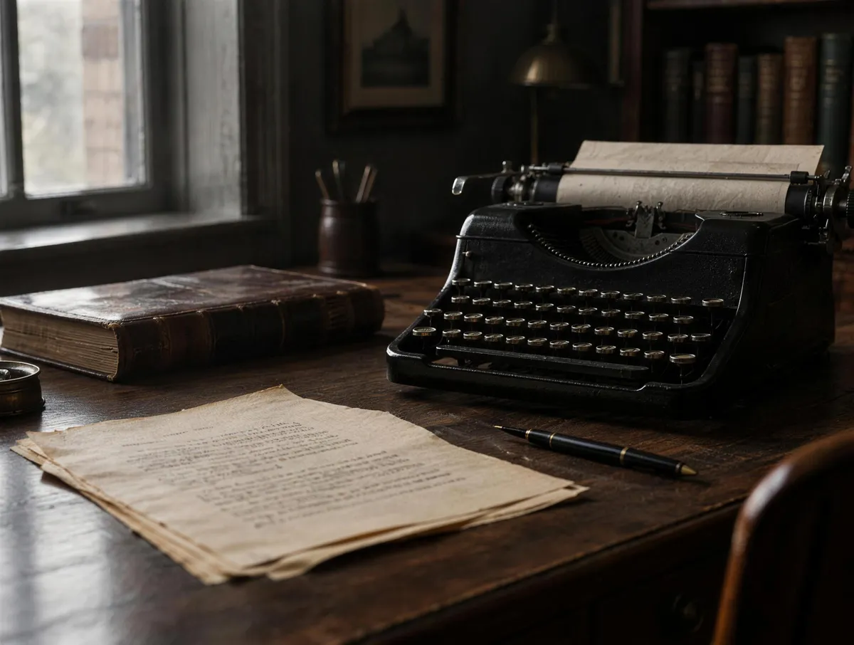 Escritorio de mediados del siglo XX con máquina de escribir, pluma fuente y hojas mecanografiadas