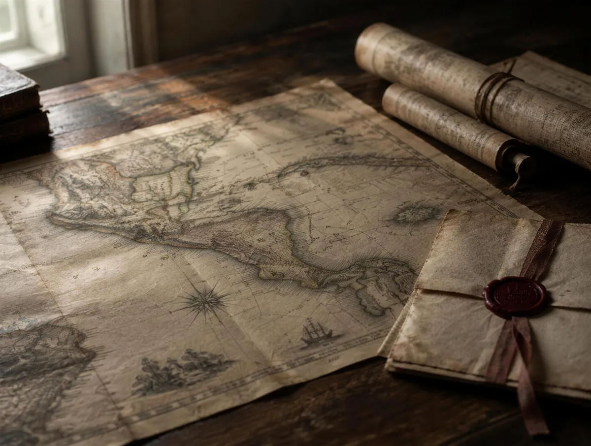 Mapa antiguo grabado sobre una mesa, junto a documentos enrollados y una carta con sello de lacre