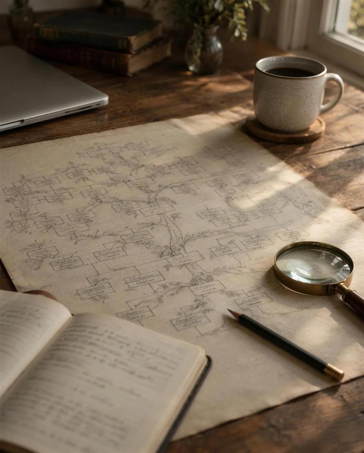 Árbol genealógico dibujado a mano sobre una mesa de trabajo, con libreta, lápiz y lupa